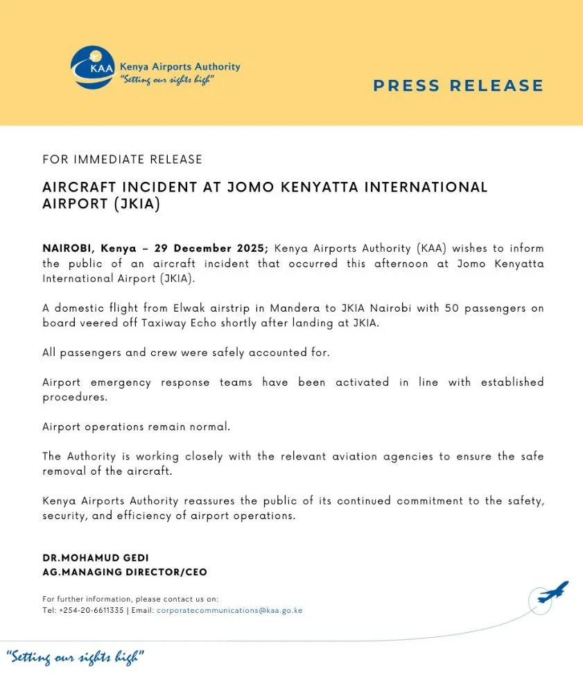 Aircraft veers off JKIA taxiway, all passengers safely evacuated