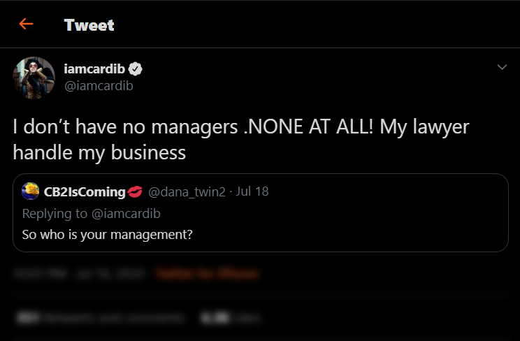 Belcalis Marlenis Almánzar (Cardi B) Says She Doesn't Have A Manager.png