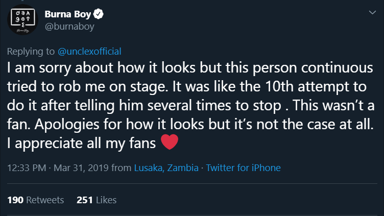 Burna Boy Twitter Apology For Kicking A Fan in Zambia.png