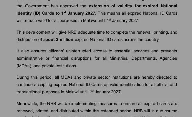 Expired IDs still valid, Malawi buys time till 2027