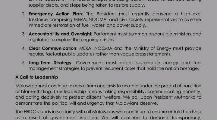 HRDC calls out government over Malawi’s fuel crisis