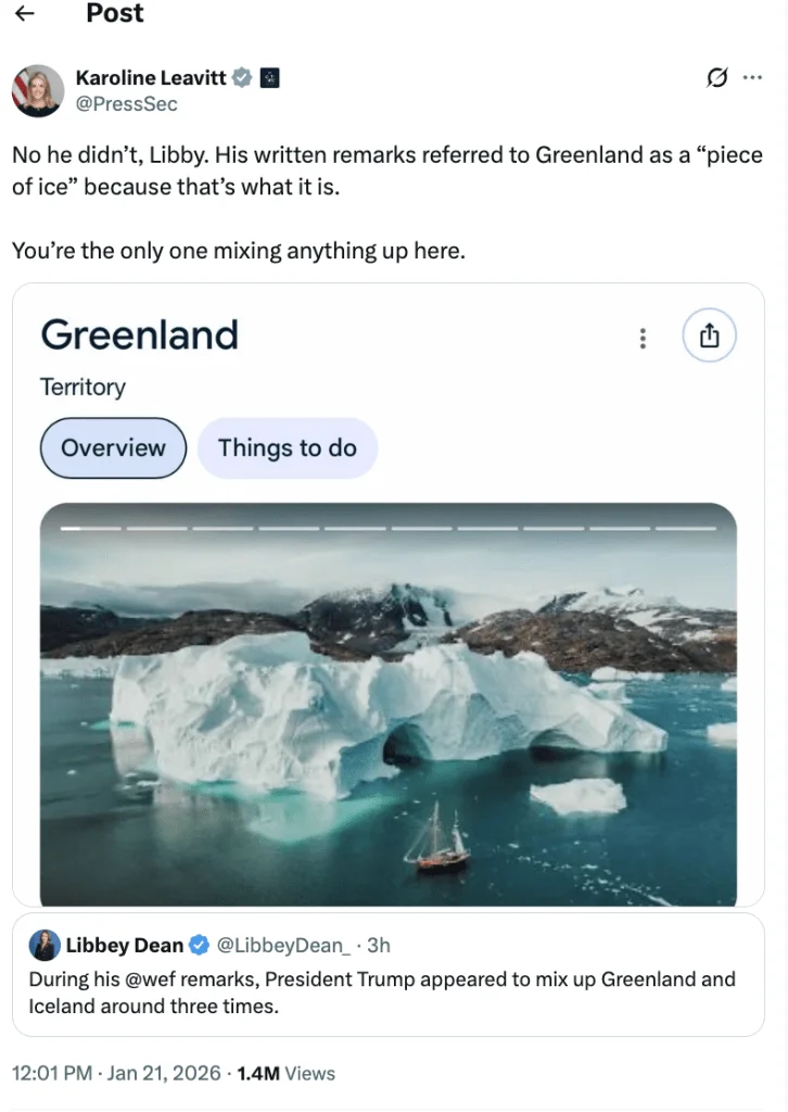 Karoline Leavitt defends Trump's Davos, Iceland geography gaffe