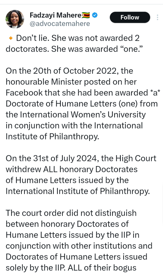 Mahere Denies Mavetera Award of Two Doctorates
