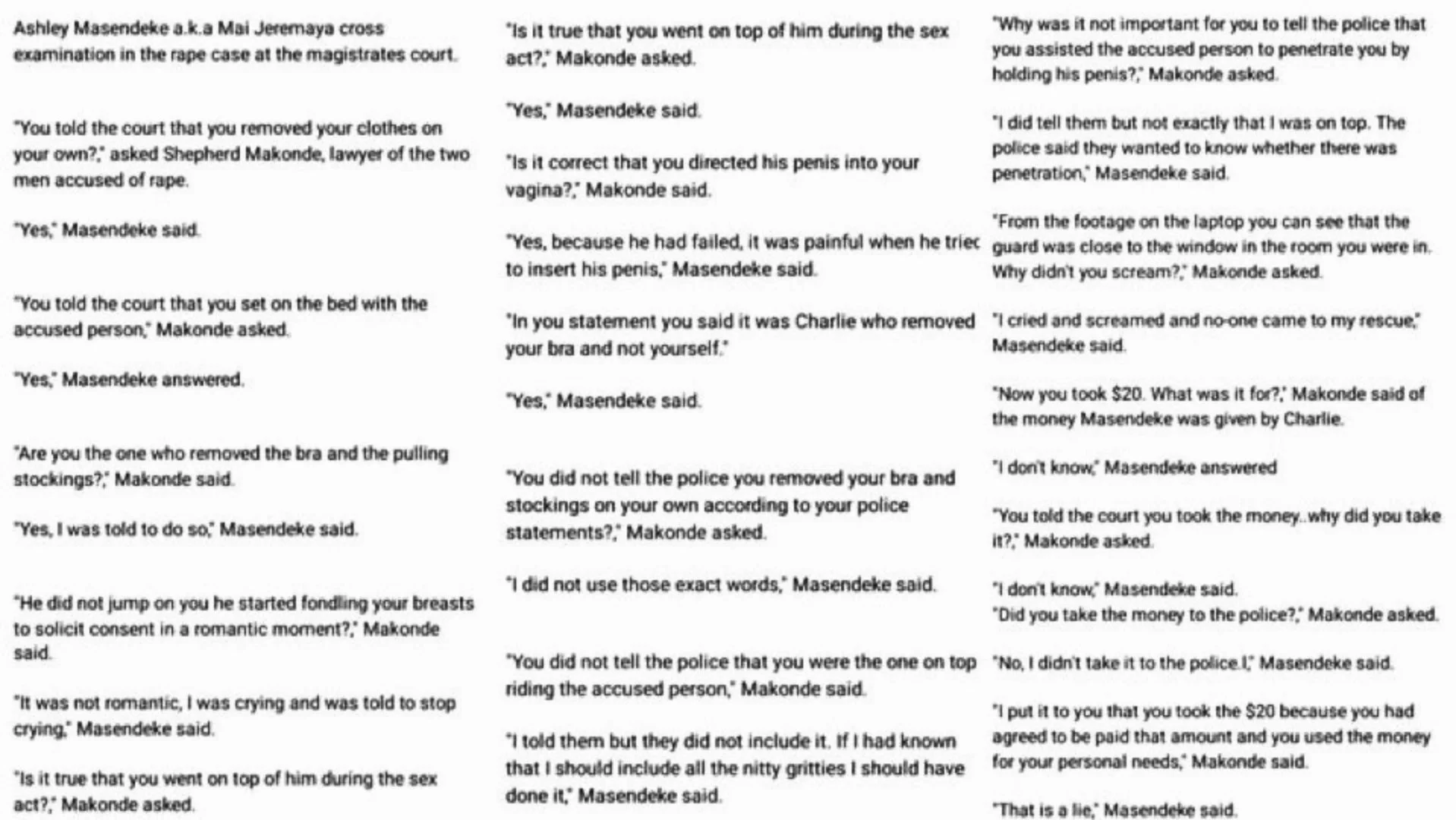Mai Jeremaya's cross-examination