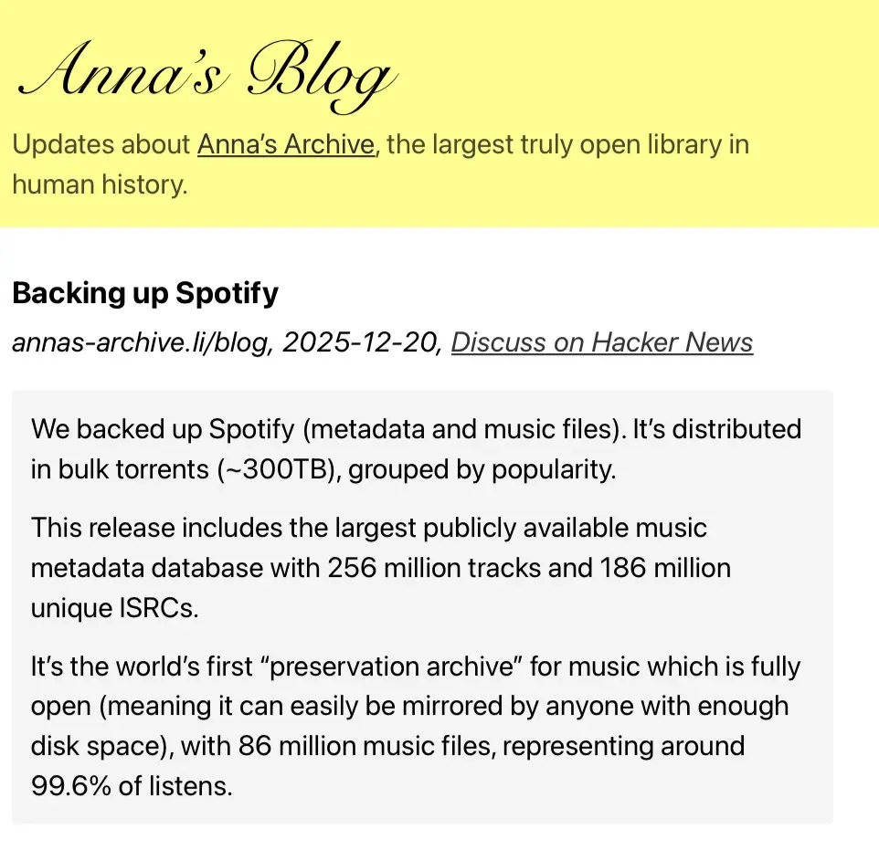 Pirates dump 300TB of Spotify rips, metadata and all