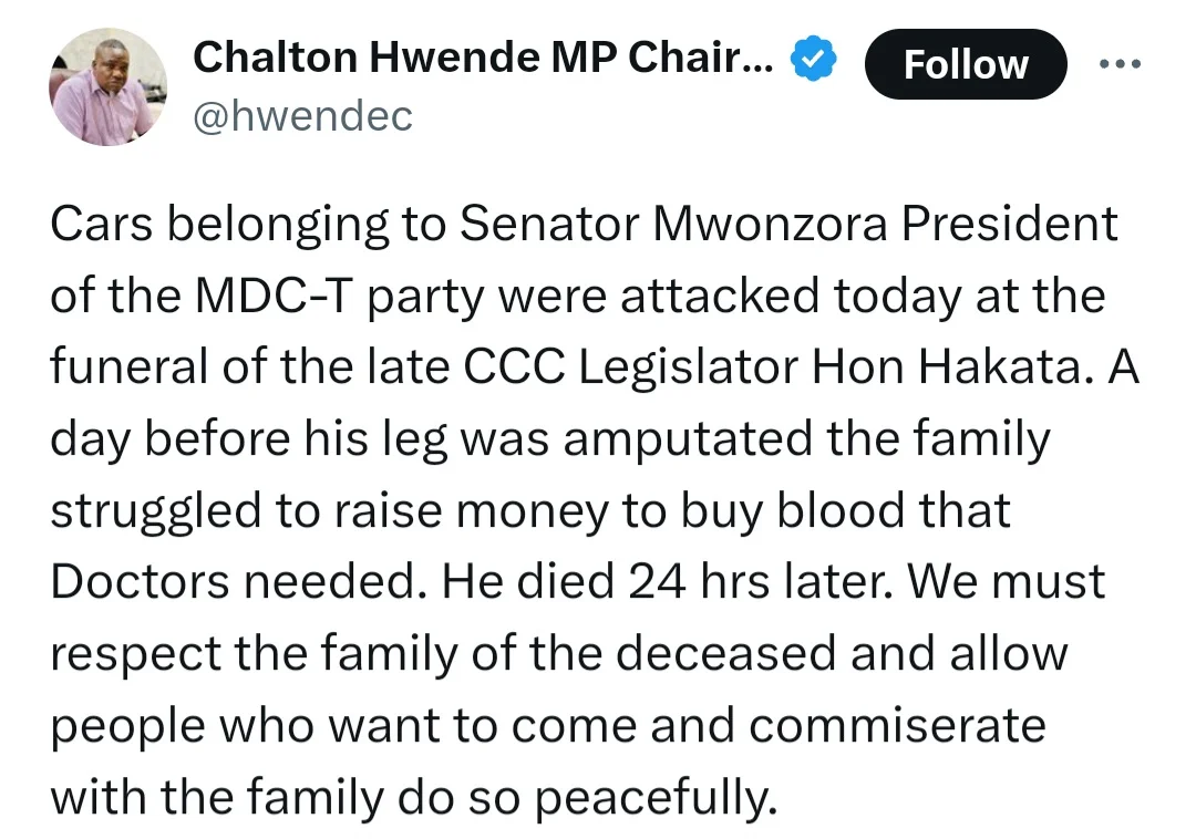 Senator Mwonzora's Cars Vandalized Amid Grief
