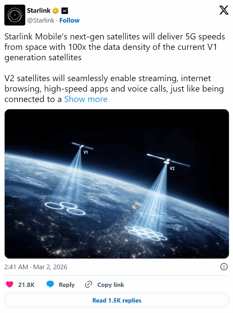 Starlink promises 100x data density for V2 satellite phones