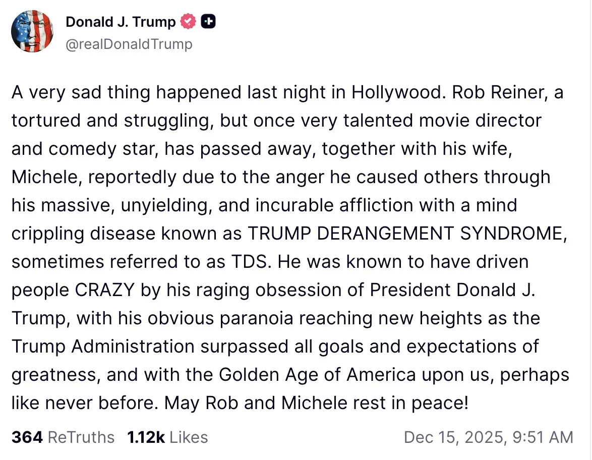 Trump mocks Reiner’s death with TDS jab