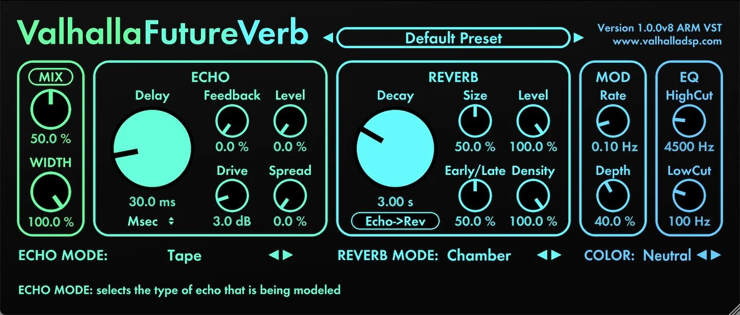 ValhallaFutureVerb plugin offers reverb and echo modes