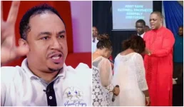 Daddy Freeze reacts as Fani-Kayode lays hands in church.webp