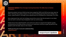 CyberPowerPC hikes prices due to soaring RAM and SSD costs.webp