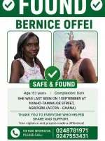 Ghana gospel singer Bernice Offei was found safe in Accra.webp