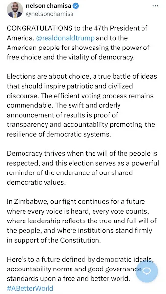 Nelson Chamisa extends congratulations to Donald Trump